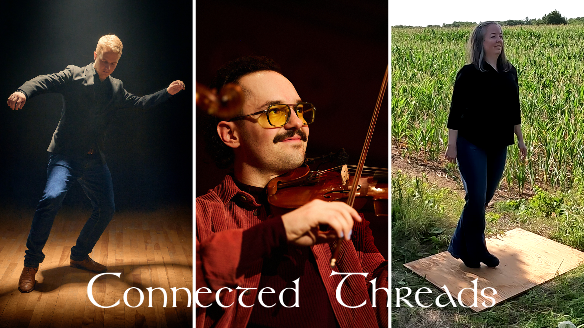 three artists, a fiddle player between two step dancers